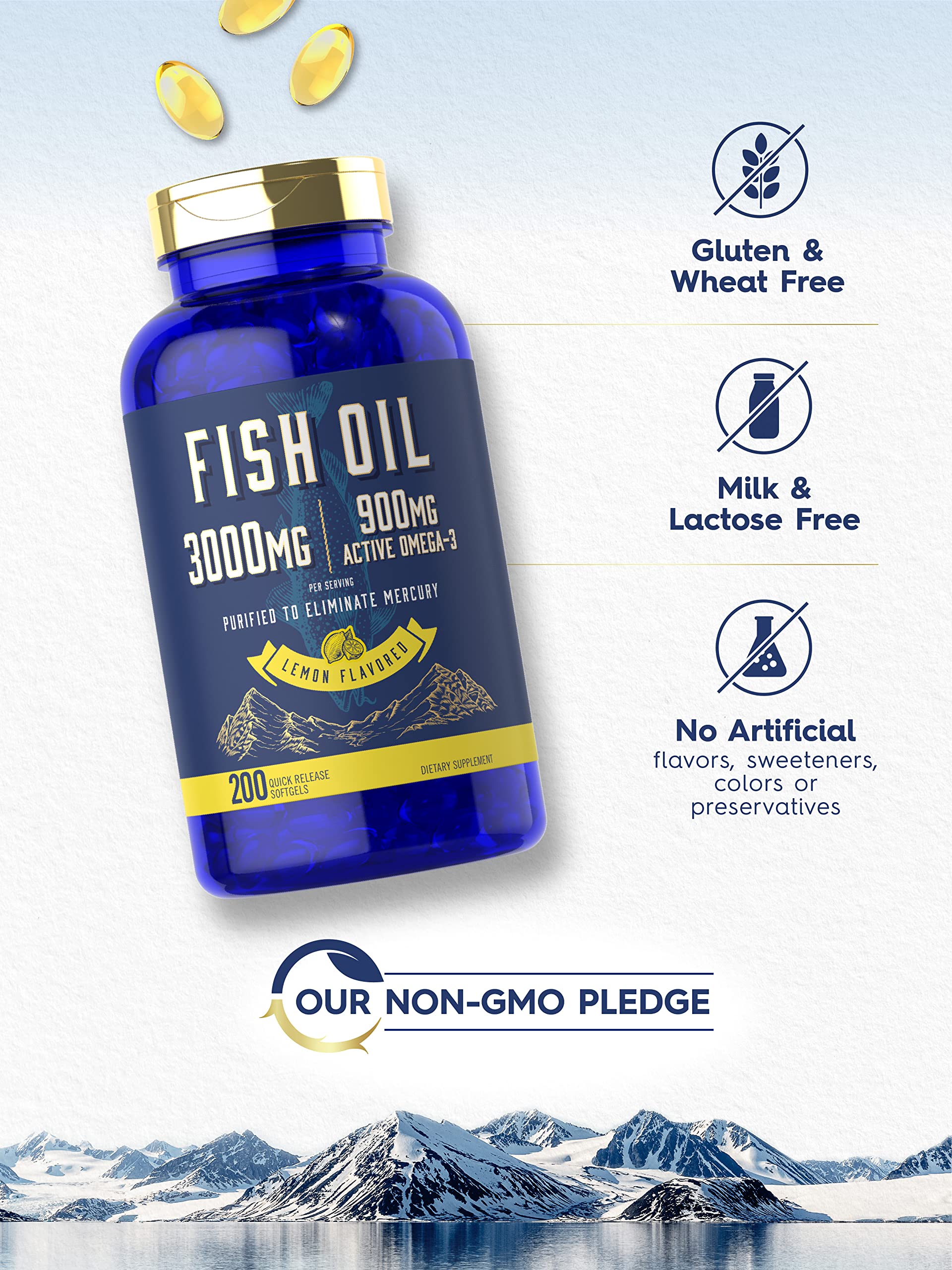 Carlyle Fish Oil 3000mg | 900mg Omega 3 | 200 Softgels | Lemon Flavor | Non-GMO and Gluten Free Supplement
